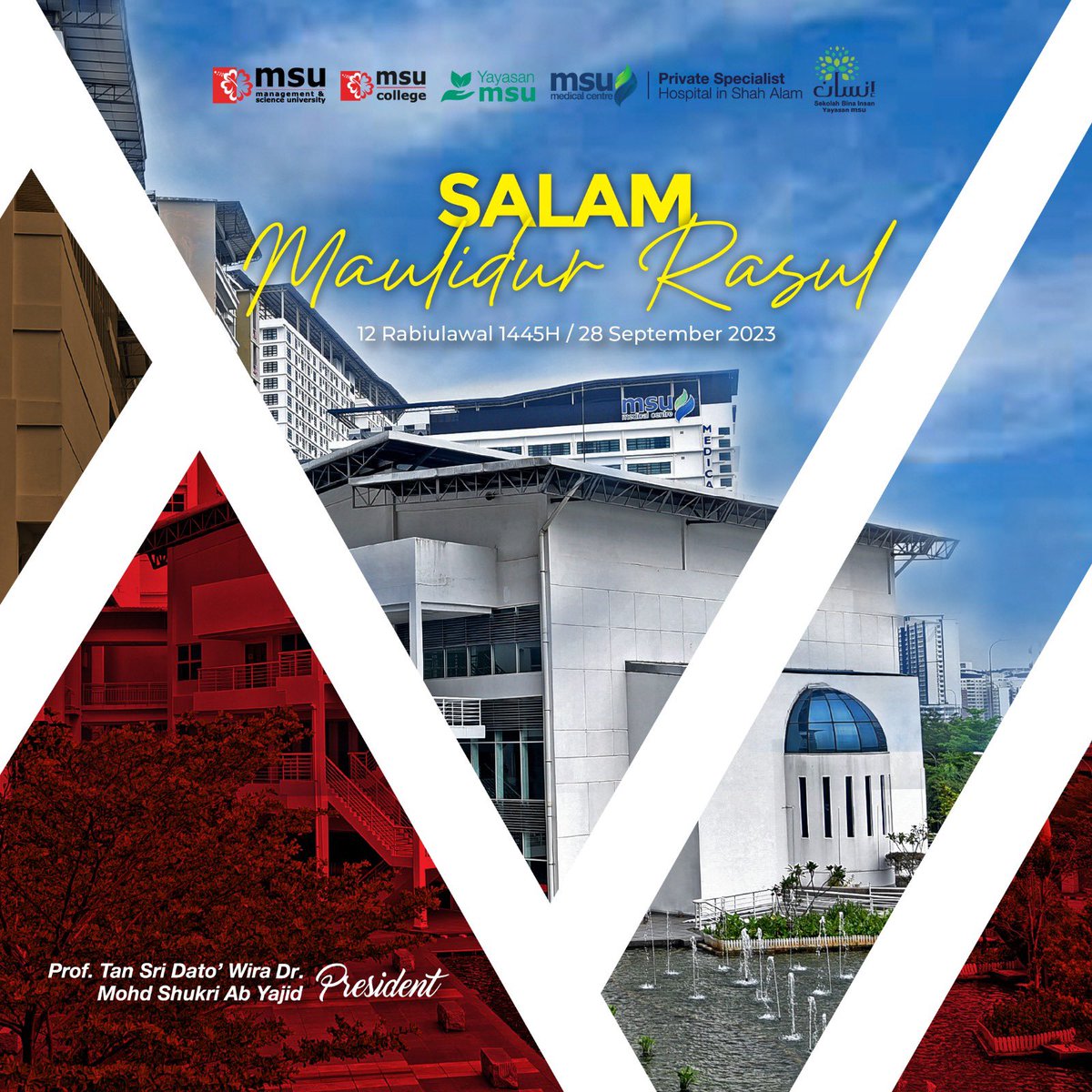 MohdShukriYajid's tweet photo. Salam Maulidur Rasul 1445H/2023M to all Muslims everywhere. May the life journey (Seerah) of Prophet Muhammad (PBUH) inspire us to continuously spread positivity &amp; kindness. Keep striving to be the best. @MSUmalaysia @MSUcollege @sbiyayasanmsu @msumcmalaysia https://t.co/qCUSm8jevr