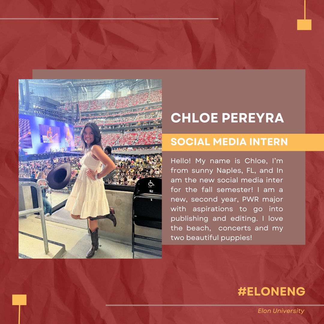 Hello Elon English students!! I'm Chloe Pereyra, your new social media intern for this semester!
I am so excited for what the semester holds. If you have any questions or exciting ideas please feel free to reach out! Go Elon!
#eloneng #elonuniversity #english