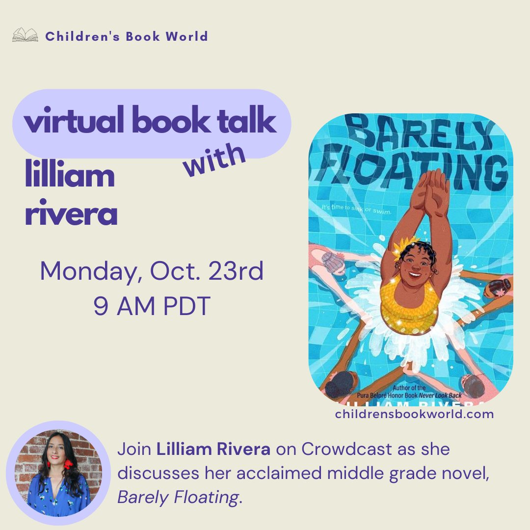 Next week, on Monday, October 23 at 9 AM, @lilliamr hosts a special virtual book talk to discuss her acclaimed middle grade novel, Barely Floating. Check out childrensbookworld.com/event/lilliam-…!