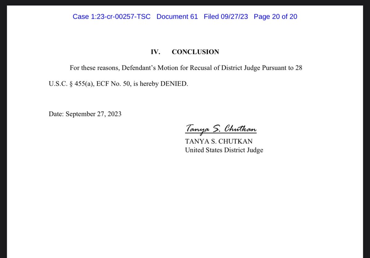 BREAKING: Judge Chutkan DENIES Trump’s motion for recusal. 1/