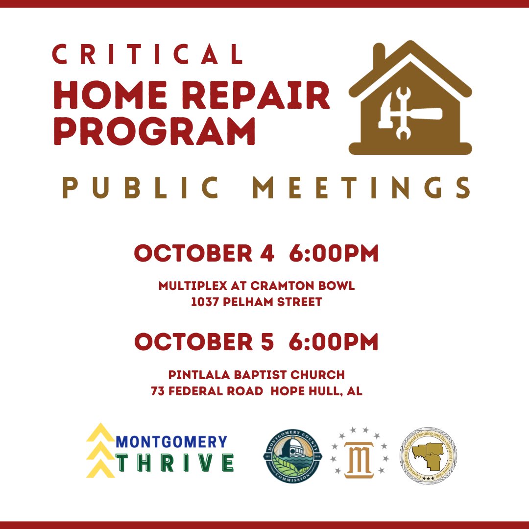 Join us on October 4 and 5 to learn more about the Montgomery Thrive Critical Home Repair Program! #ourmgm #criticalhomerepair