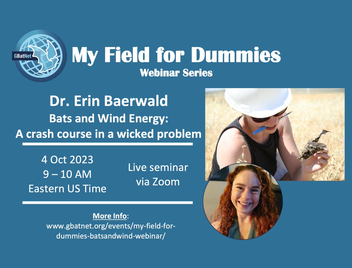 🦇 SAVE THE DATE 🦇  Our next "My Field for Dummies" webinar on Bats and Wind Energy, delivered by Dr. Erin Baerwald from the University of Northern British Columbia, will be on Oct 4th at 9 - 10 AM Eastern US time  RSVP below!  gbatnet.org/events/my-fiel…