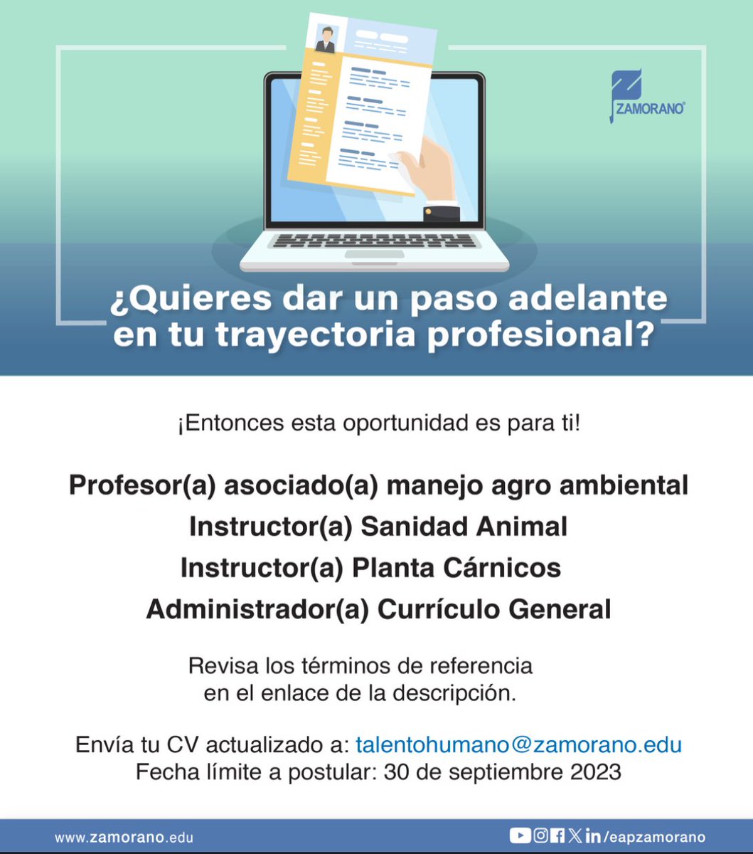 🚨‼️#OportunidadLaboral

¡Súmate al equipo de la Escuela Agrícola Panamericana @EAPZamorano y contribuye a formar líderes! 

Consulta las vacantes disponibles en #Zamorano aquí: bit.ly/3ZAGhdI

Envía tu CV a talentohumano@zamorano.edu hasta el 30 de septiembre.