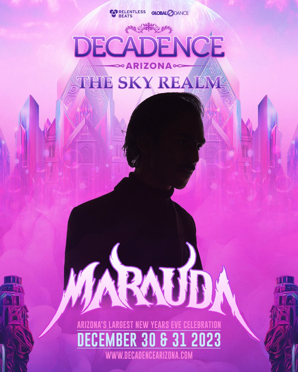 DecadenceAZ's tweet photo. 😈 Oblivion descends upon The Sky Realm as @maraudamusic rattles Decadence AZ alongside BTSM, Slander, Getter &amp; more!

RT + tag 3 friends and say PRICES INCREASE SUNDAY for a chance at 2 GA passes!

🎟 Ticket prices increase this Sunday at midnight at https://t.co/NW48i25Znl https://t.co/XrJyA9s2FJ