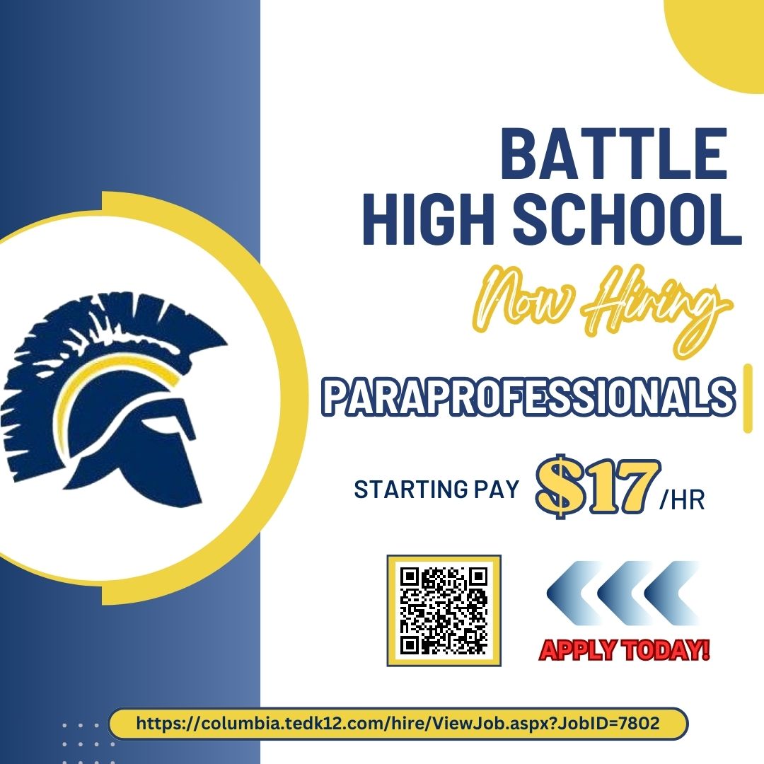 Battle High School is looking to hire some amazing Paraprofessionals! Apply Today: columbia.tedk12.com/hire/ViewJob.a… #CPSBest #ScholarsFirst #CPSInspire