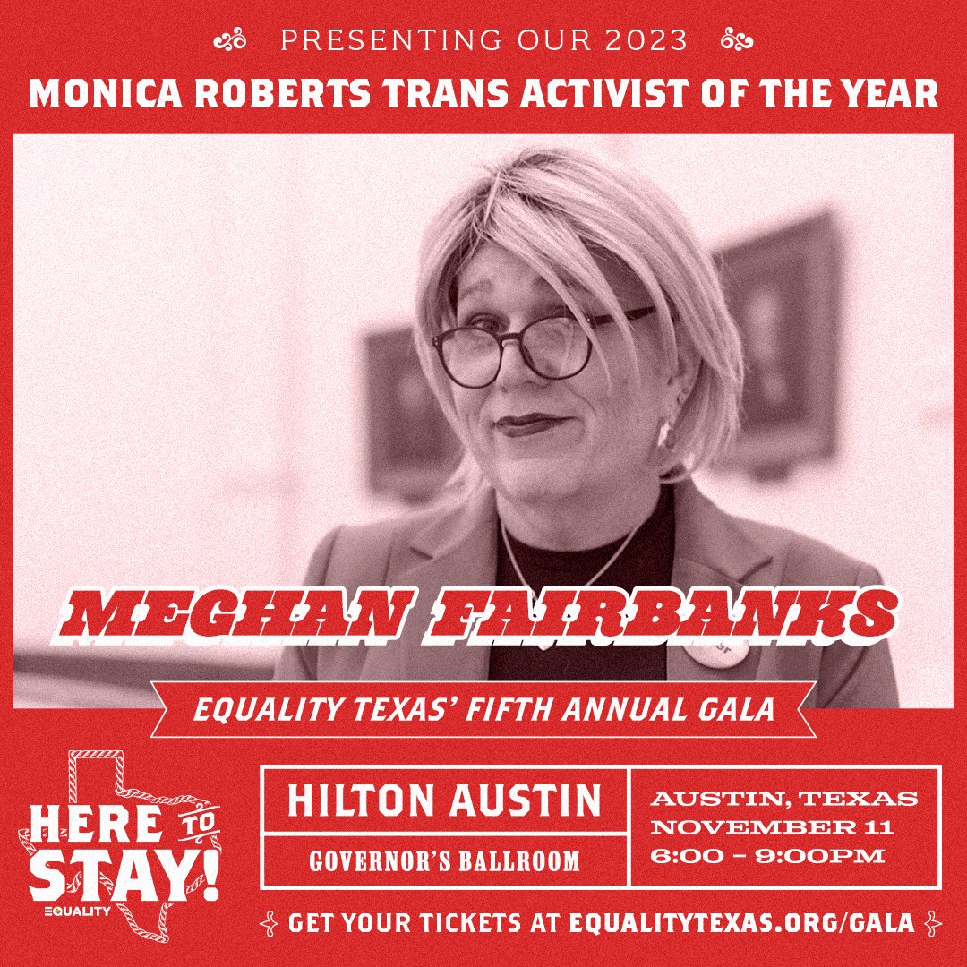 EqualityTexas's tweet photo. ๐ข We are proud to announce that @megrises will be receiving the Monica Roberts Trans Activist of the Year award at our 5th annual Equality Texas Gala: Here to Stay! โจ
๐ Get tickets at https://t.co/kAY5b0qMqn
#EQTX #EQTXGala #HereToStay #EqualityTexas #LGBTQ #LGBTQIA https://t.co/7Kxtwf5uB9