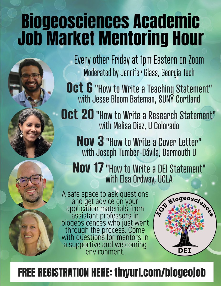 Next Fri (Oct 6) AGU Biogeosciences will be kicking off our Academic Job Market Mentoring Hour via zoom at 1pm eastern with Dr Jesse Bloom Bateman. We have an excellent line up! Register for free at tinyurl.com/biogeojob