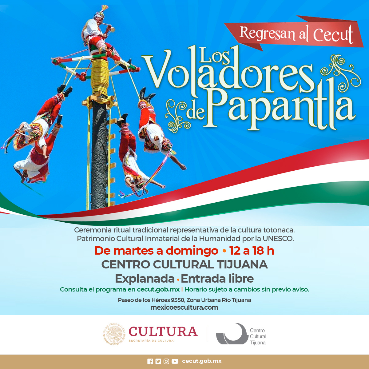 cecut_mx's tweet photo. Ven a #Cecut y disfruta de la ceremonia ritual de 𝗟𝗼𝘀 𝗩𝗼𝗹𝗮𝗱𝗼𝗿𝗲𝘀 𝗱𝗲 𝗣𝗮𝗽𝗮𝗻𝘁𝗹𝗮
👉Consulta los horarios https://t.co/uwRoBwZo2U

📅Martes a domingo
📌Explanada⏰12 a 18 h
#EntradaLibre

#lacasadelosartistas #lacasadetodos https://t.co/OJAdCX2ubS