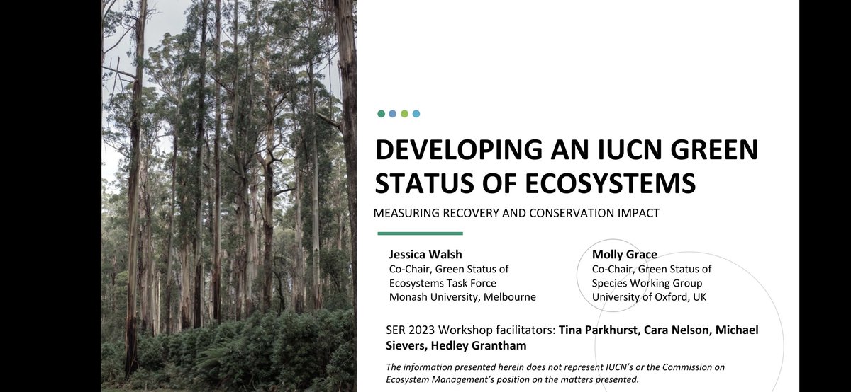 Hello #SER2023! TODAY at 2pm in the Territory Room join us to learn about and give feedback on the in-development @IUCN Green Status of Ecosystems, led by @jessicawalsh1. We want your input! 🗓️Workshop info: bit.ly/455ZPI8 @Tina__Schroeder @Hedley_Grantham