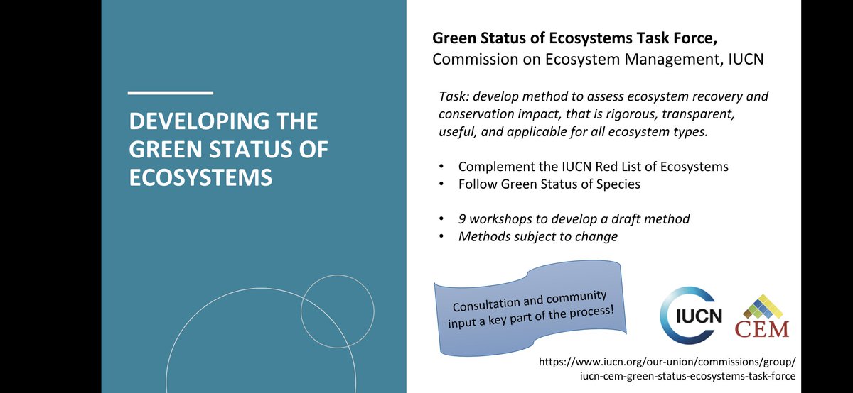 If you're at #SER2023, join us after lunch today in the Territory Room to learn about and give feedback on the in-development @IUCN Green Status of Ecosystems, led by @jessicawalsh1. We want your input! 🗓️Workshop info: bit.ly/455ZPI8 @Tina__Schroeder @Hedley_Grantham