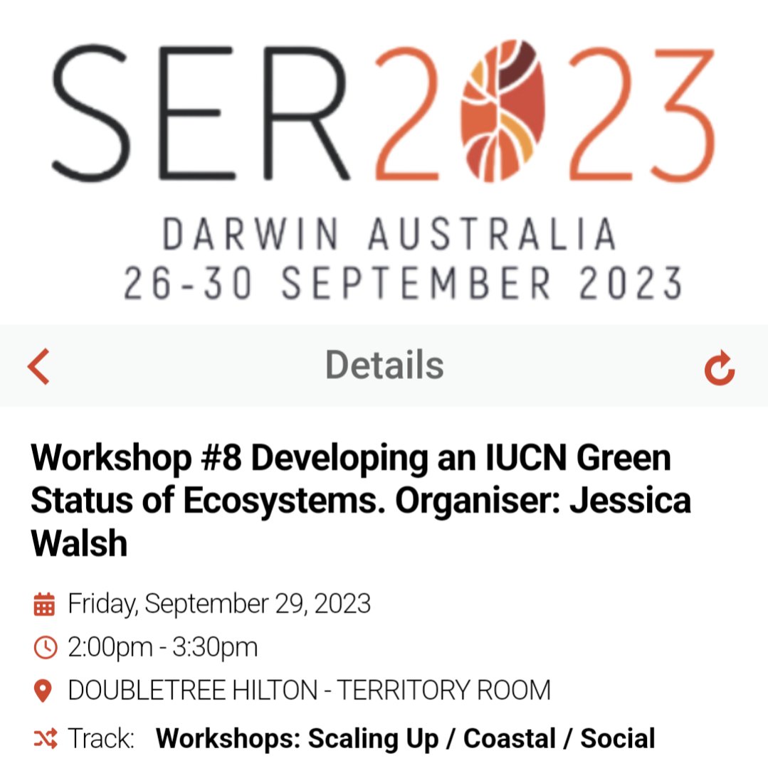 ✨Starting soon!✨If you're at #SER2023, join us immediately after lunch today in the Territory Room to learn about and give feedback on the in-development @IUCN Green Status of Ecosystems, led by @jessicawalsh1. We want your input! Workshop info: bit.ly/455ZPI8