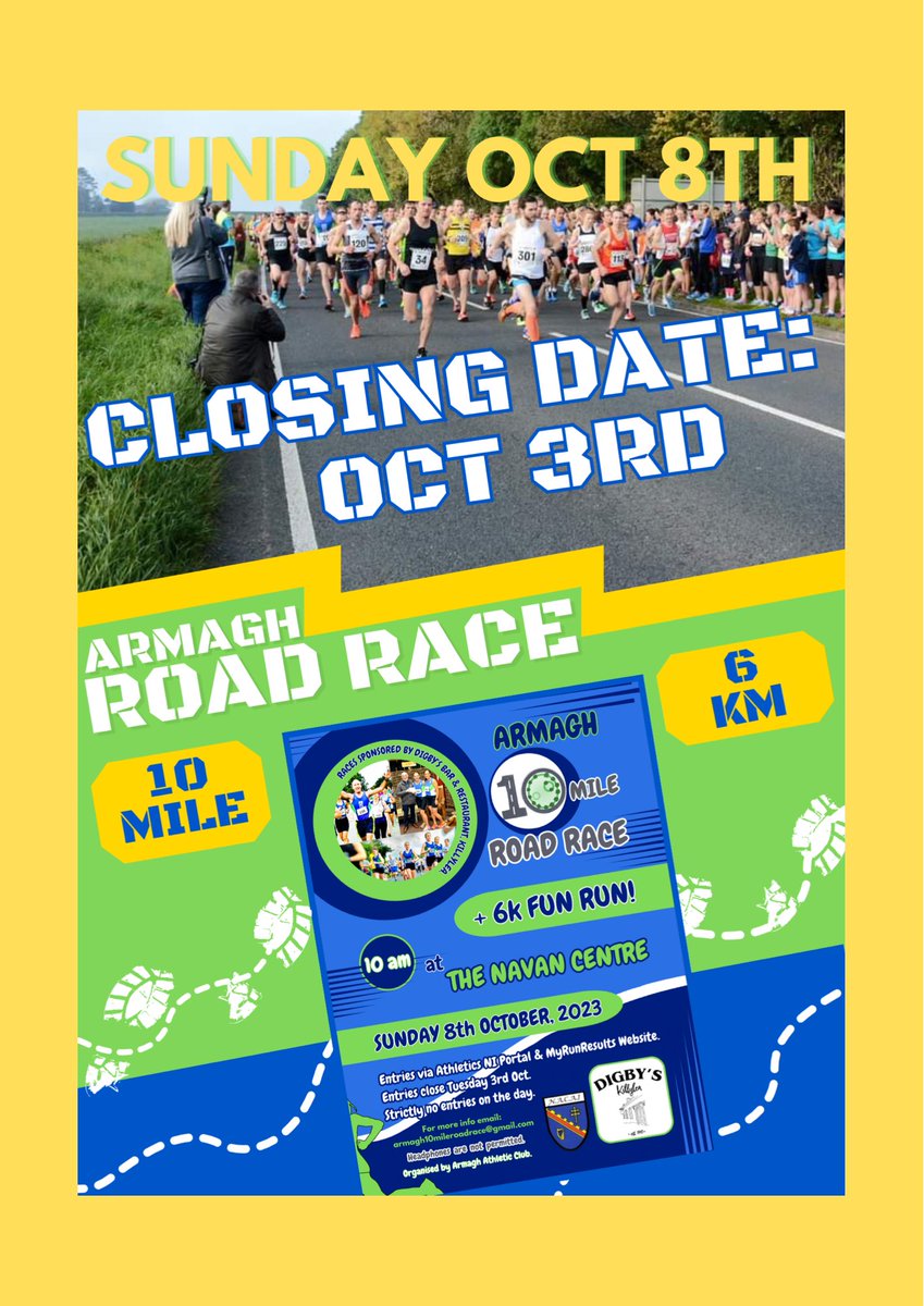 Not long left to enter the Armagh 10 Mile Road Race and 6k Fun Run!
Entries close Oct 3rd, 2023.
Enter at MyRunResults.com
&  Good luck!  😀🏃🏾‍♂️🏃🏻‍♀️🦺🙋🏻‍♀️🥳
#armagh #roadrace #running #northernireland #ireland #ulster #runningevent