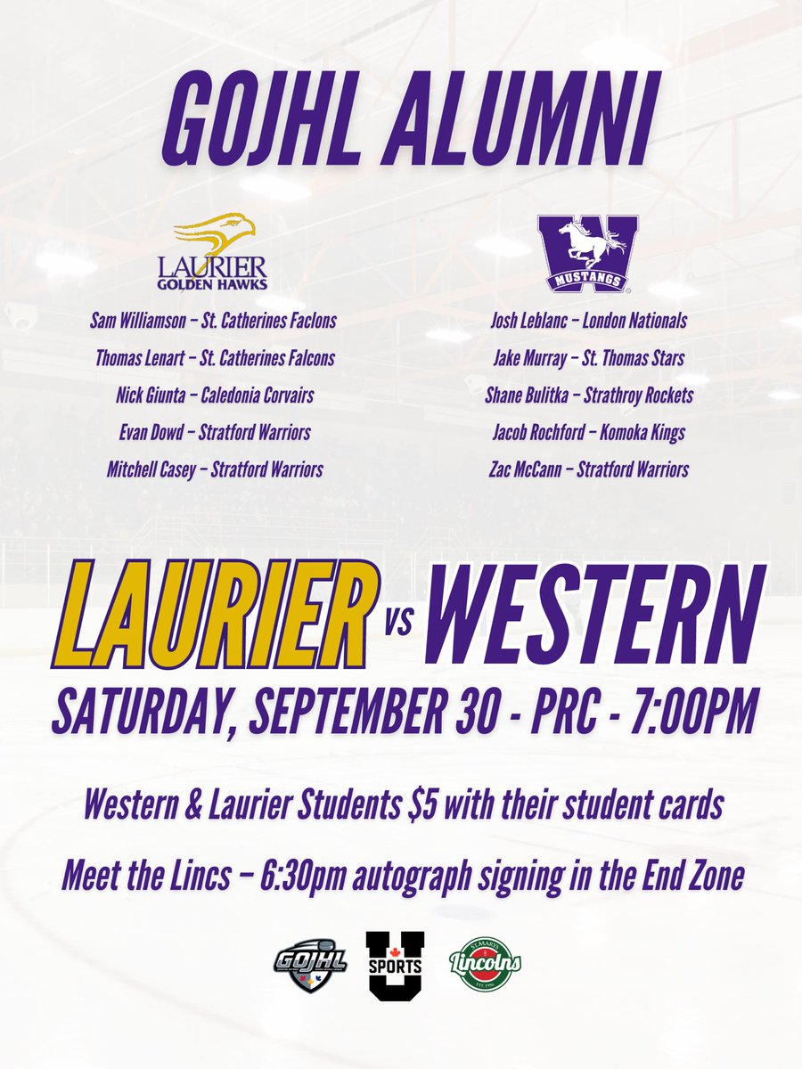 Calling all @GOJHL fans! Don’t miss the action as some of the league’s notable alumni lace up in St. Marys this Saturday! <a href="/StratWarriors/">Stratford Warriors</a> <a href="/LondonNationals/">London Nationals</a> <a href="/GoRocketsGOJHL/">Strathroy Rockets</a> <a href="/StThomasStars/">St. Thomas Stars</a> <a href="/KomokaKings/">Komoka Kings</a> <a href="/StCathFalcons/">St. Catharines Falcons</a> <a href="/ProFitCorvairs/">Caledonia Corvairs</a>