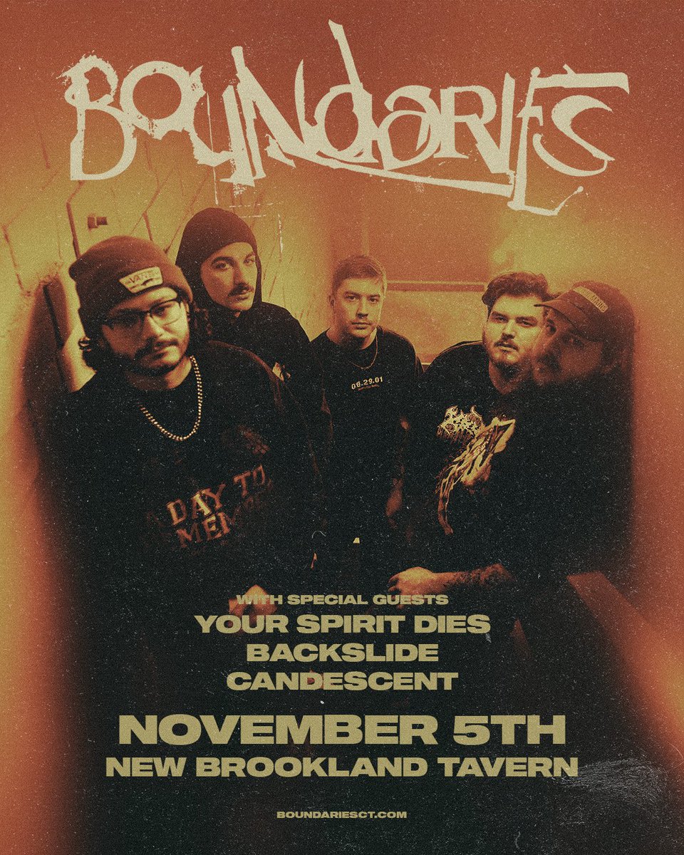yourspiritdies's tweet image. Announced today: joining the homies in @backslidega &amp;amp; @CandescentSC to support @BoundariesCT on the way to their tour with @dyingwishhc. Gonna probably be the last YSD set at the current location of NBT, so do not miss this!!