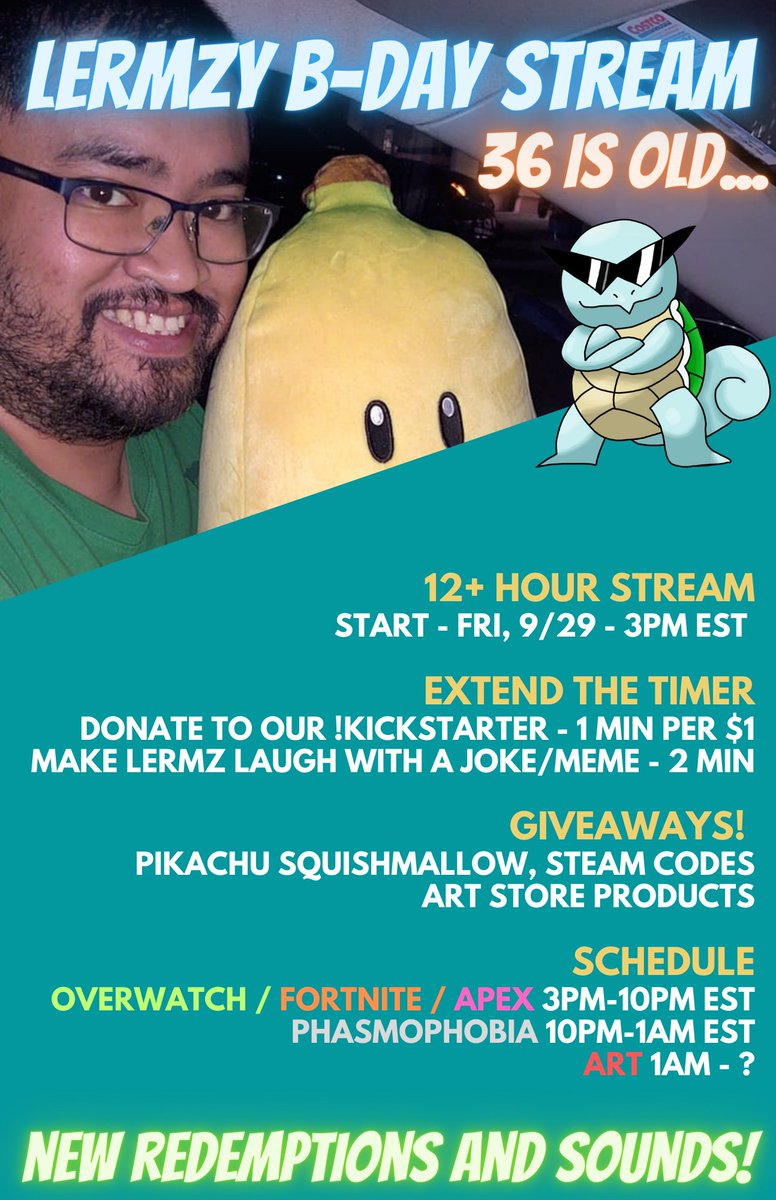 kreenlermz's tweet photo. Birthday Stream schedule: https://t.co/ekws6tGOao

Make Lermz laugh or contribute to the Kickstarter to add time: https://t.co/JYvYwxfu3w

#birthdaystream #twitchstreamer #twitchathon #giveaway #squishmallow #pokemon #apex #overwatch #fortnite #art #phasmophobia #kreenlermz https://t.co/2wDDvCDBDC