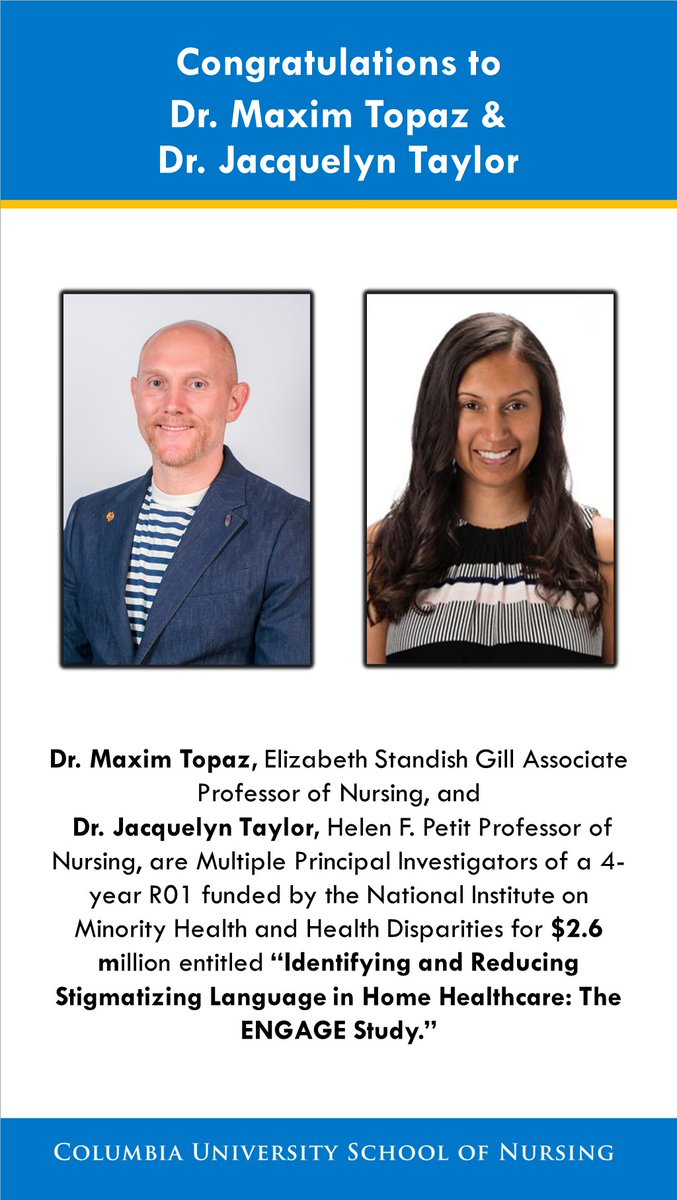 Thrilled to announce our new 4-year, $2.6M R01 NIH grant: the ENGAGE Study aims to reduce stigmatizing language in home healthcare using advanced AI. Collaborating with @jytaylor007 @ref510 @KathyBowlesRN @vnshealth @Columbia @ColumbiaFaculty @ColumbiaNursing & Dr. Sittig