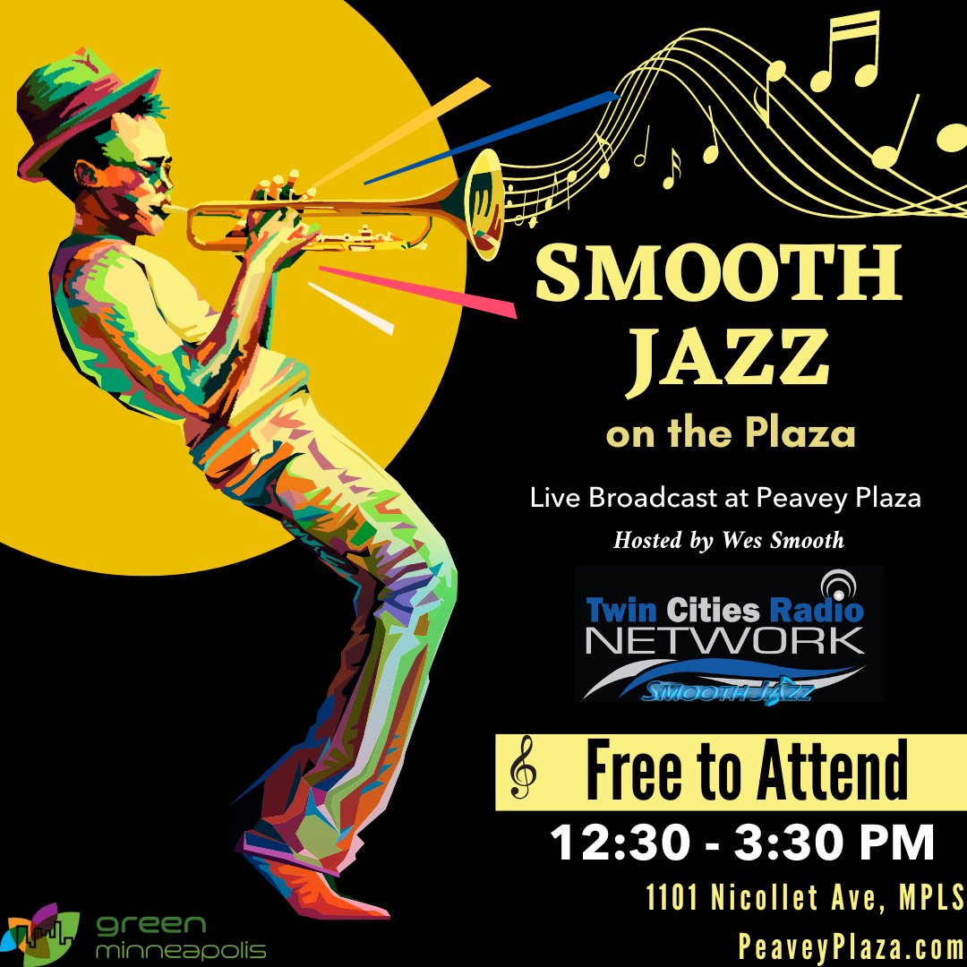 Join us at Peavey Plaza this Friday (9/29) from 12:30-3:30 PM for our final Smooth Jazz on the Plaza segment featuring Twin Cities Radio Network host Wes Smooth!

#greenminneapolis
#peaveyplaza