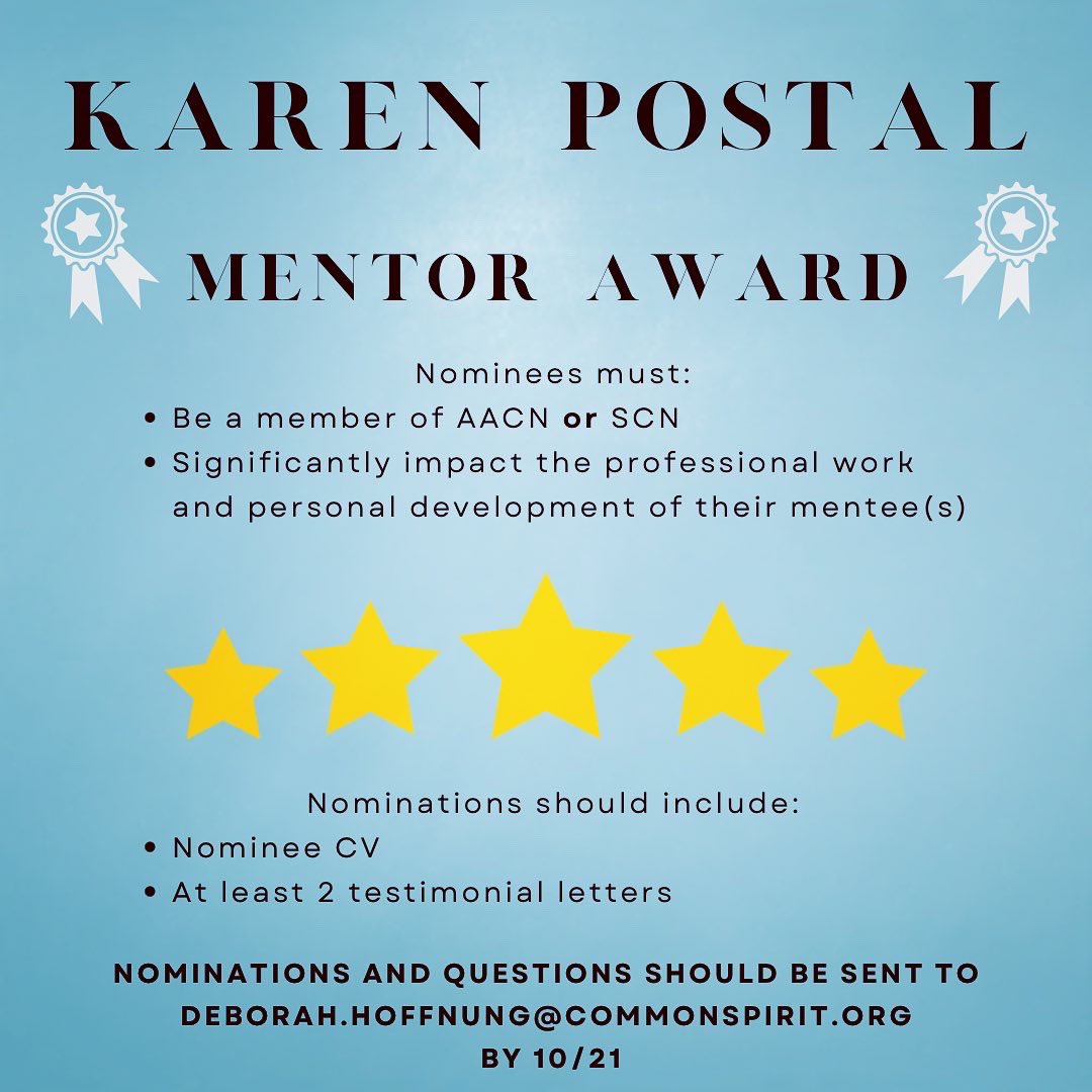 The AACN (@theaacn) on Twitter photo Did a mentor make a large impact on your life and career? Nominate them for the Karen Postal Mentor Award!
Visit theAACN.org/awards/ for details Did a mentor make a large impact on your life and career? Nominate them for the Karen Postal Mentor Award!
Visit theAACN.org/awards/ for details