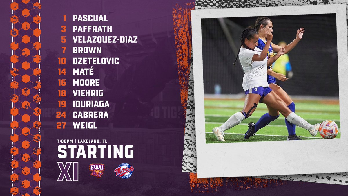 EWU_Athletics's tweet photo. #EWUWSOC Starting XI ๐ @FSC_Mocs. Kickoff from Lakeland is at 7:00pm. Watch the contest live at: https://t.co/KYWLEo6Pe1. #VamosTigers! #TigerPride!๐
โฝ๏ธ https://t.co/AkgsPmBH62