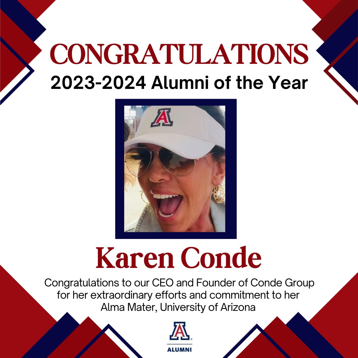 CondeGroup's tweet photo. We are thrilled &amp; incredibly proud to announce that our CEO|Founder, Karen Conde, has been nominated for the prestigious title of "2023-2024 Alumni of the Year" by the @uarizona - College of Agriculture, Life Sciences, and Environmental Sciences. #Inspiration https://t.co/CzR8x2jGar