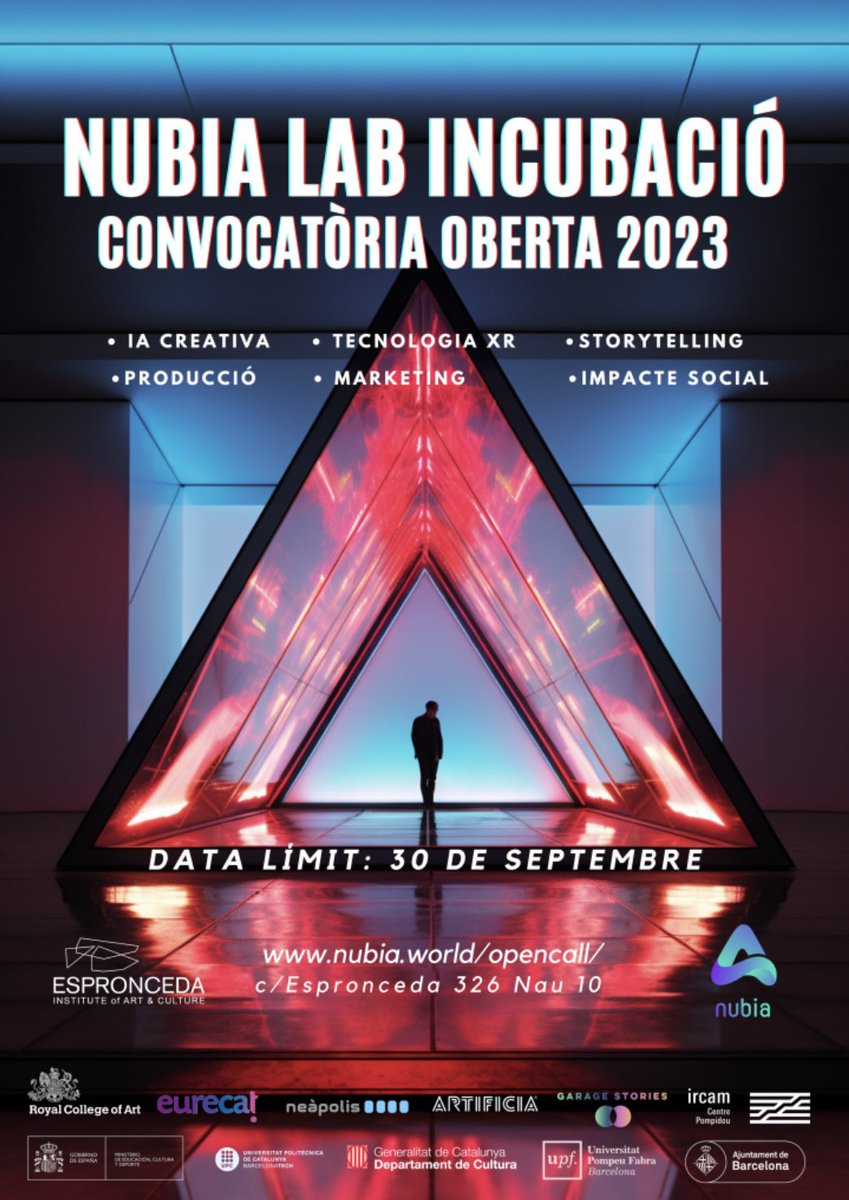 Selection process: open to candidates from all over Catalonia who have knowledge of advanced technologies (any level), and who have an artistic, creative, or technical background.

ℹ️full information here:
espronceda.net/nubia-lab-incu…

↪️apply here: docs.google.com/forms/d/e/1FAI…
