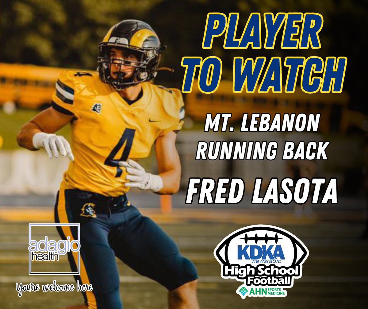 KDKARadio's tweet photo. 𝙋𝙇𝘼𝙔𝙀𝙍 𝙏𝙊 𝙒𝘼𝙏𝘾𝙃
@AdagioHealth 

Mt. Lebanon RB Fred LaSota (@FredLasota)

- star running back for the Devils 😈
- 3 TDs this season 🔥

Highlights ➡️: https://t.co/LKwbopeFLw

#KDKAFridayNightLights #GoNextLevel #WPIAL https://t.co/t6aesmcRYv