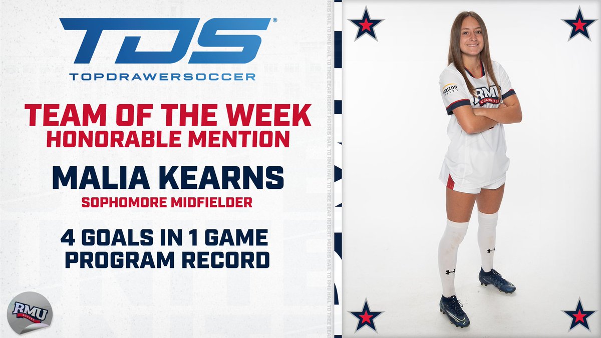 Another award for <a href="/maliakearns7/">Malia Kearns</a>‼️ 

Congrats to Malia on being named an Honorable Mention to last week's <a href="/TopDrawerSoccer/">TopDrawerSoccer</a> Team of the Week‼️ 

📰: topdrawersoccer.com/college-soccer…

#BobbyMo | 🔵⚽️🔴 | #RMUnite #HLWSOC