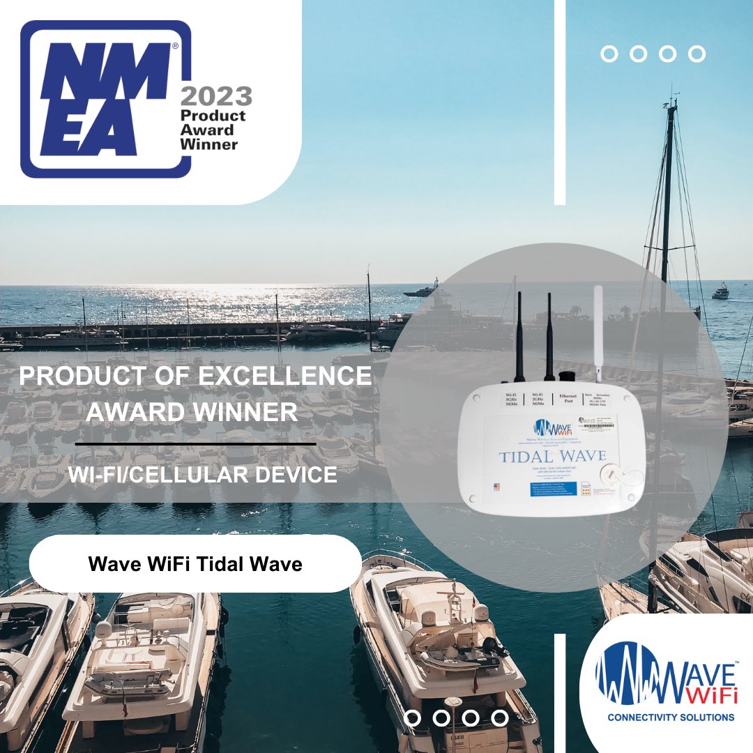_WaveWiFi_'s tweet photo. Last week in Orlando, Wave WiFi was honored with a prestigious Product of Excellence Award at the 2023 NMEA Expo. This accolade recognizes our unwavering commitment to providing outstanding wireless internet solutions for the maritime industry. https://t.co/M4ozL6xLNo