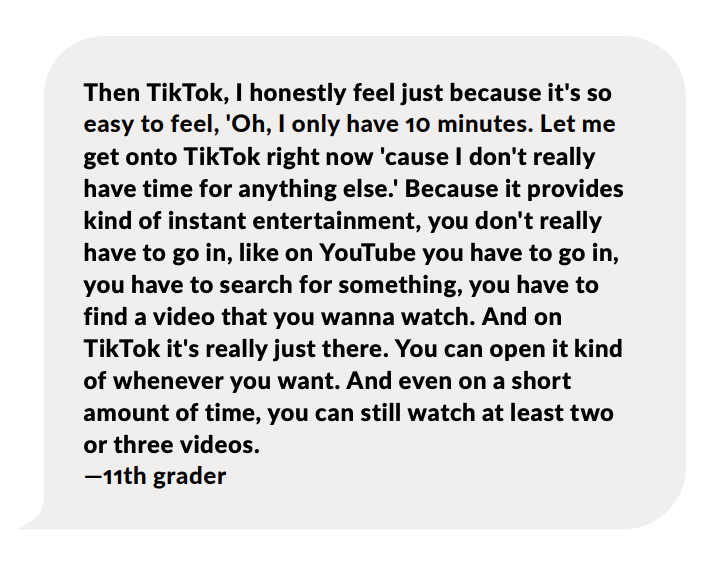 Amanda_Lenhart's tweet photo. TikTok was another topic that came up in the study, especially when talking with youth about the findings. On average pre-teens and teens in the study spent an hour and 12 min a day on TikTok. Youth described the app as "easy," snack-size videos tailored to their preferences. https://t.co/VZZTD4QVdK