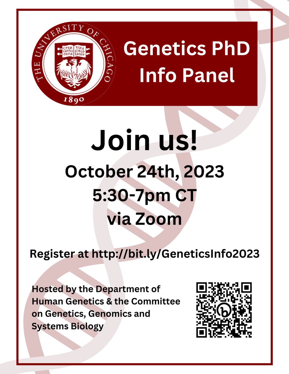 Human Genetics @ UChicago (@hgen_uchicago) on Twitter photo Excited for the 2nd annual PhD Info session with <a href="/UChicagoGGSB/">UChicagoGGSB</a>
Sign up at bit.ly/GeneticsInfo20… for application tips from a diverse panel of current PhD students and faculty! <a href="/QuestBridge/">QuestBridge</a> <a href="/ImFirstGen/">I'm First!</a> <a href="/LEDA_Scholars/">LEDA</a> <a href="/TheJKCF/">Jack Kent Cooke Foundation</a> <a href="/ReachHigher/">Reach Higher</a> @FirstgenCenter <a href="/HSFNews/">HSF</a> <a href="/cokescholars/">Coca-Cola Scholars</a> Excited for the 2nd annual PhD Info session with <a href="/UChicagoGGSB/">UChicagoGGSB</a>
Sign up at bit.ly/GeneticsInfo20… for application tips from a diverse panel of current PhD students and faculty! <a href="/QuestBridge/">QuestBridge</a> <a href="/ImFirstGen/">I'm First!</a> <a href="/LEDA_Scholars/">LEDA</a> <a href="/TheJKCF/">Jack Kent Cooke Foundation</a> <a href="/ReachHigher/">Reach Higher</a> @FirstgenCenter <a href="/HSFNews/">HSF</a> <a href="/cokescholars/">Coca-Cola Scholars</a>