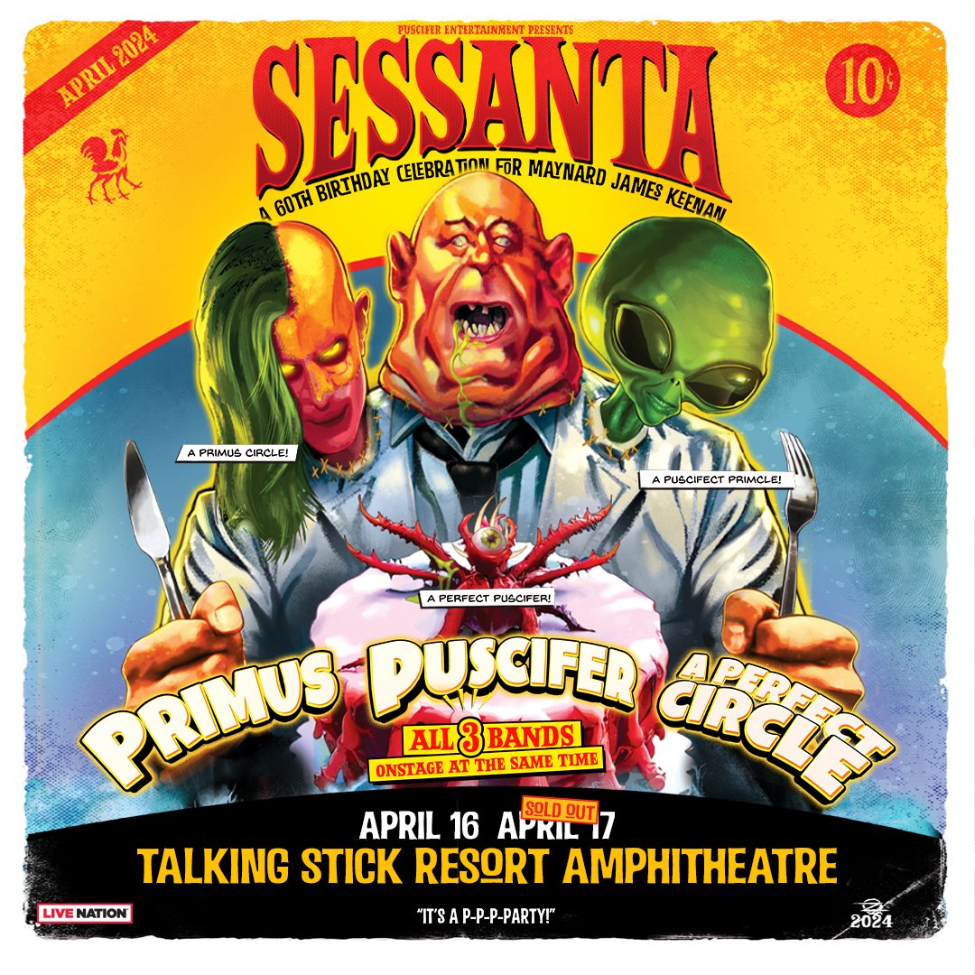 puscifer's tweet image. Phoenix! Thanks for joining us to celebrate Maynard's birthday. So many of you wanted to celebrate the day, that we've added a second show: April 16 at the Talking Stick Resort Amphitheatre. Tickets are on-sale this Friday at 10 am local time (tour.puscifer.com)