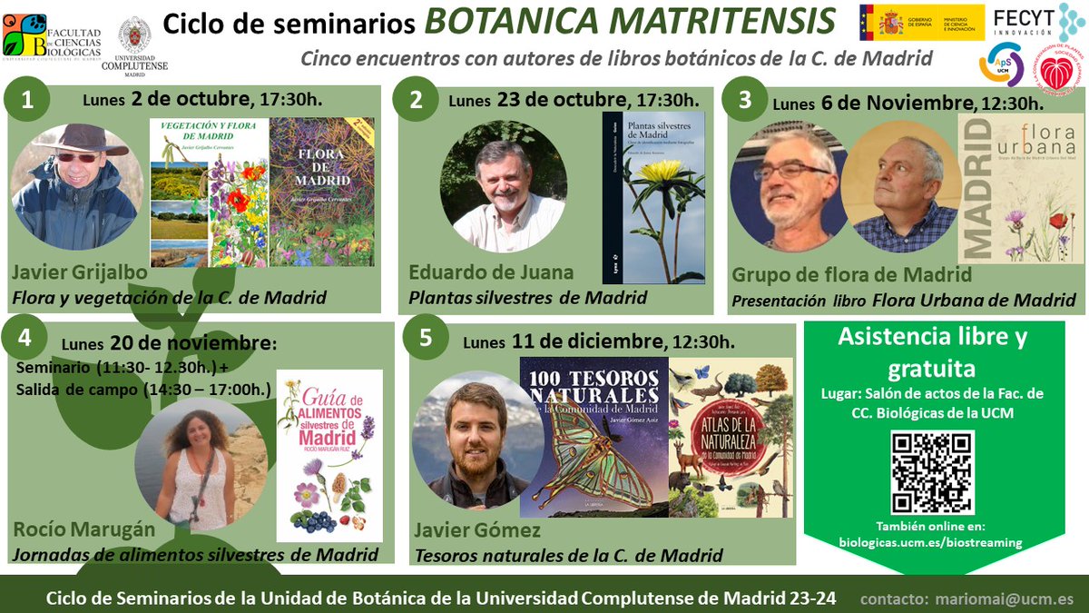 🌿¡Imprescindible para amantes de la diversidad en Madrid! No te pierdas este ciclo en @biologiaucm.

Destacados divulgadores revelarán la riqueza de nuestra diversidad vegetal más cercana 🍃 promoviendo una mayor concienciación y conocimiento del matrimonio vegetal madrileño