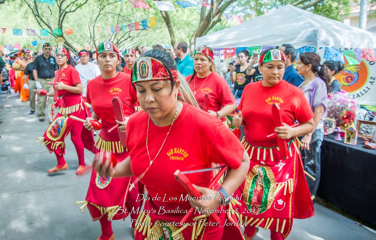 SMBasilica's tweet photo. Come join the community procession featuring catrinas, mariachi, and matachines at @downtownphoenix tenth annual Dia de los Muertos Festival on Nov 5, 2023.  The procession will commence at 12:30 PM in front of St. Mary’s Basilica and will meander through the downtown area. https://t.co/fu8BZugdG6