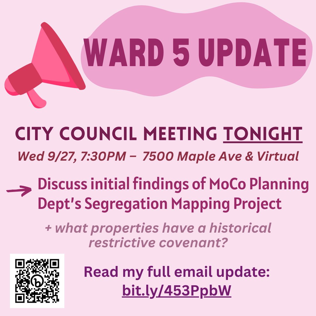 CMHonzak's tweet photo. 📣WARD 5! Watch tonight's @TakomaParkMD City Council meeting @ 7:30 to review initial findings from @montgomeryplans Segregation Mapping Project. Read my latest email for more info on the project &amp; to see if your home has a historical restrictive covenant (+what to do about it)! https://t.co/xlPiH4eWts