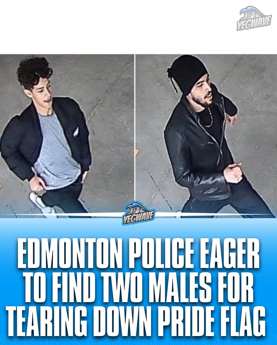 Edmonton Police Service (EPS) is eager to find two males they believe tore down a pride flag during the the 1MillionMarch4Children protest last week‼️

Police suspect they possess photographs of two individuals responsible for vandalizing a large Pride flag displayed outside the…