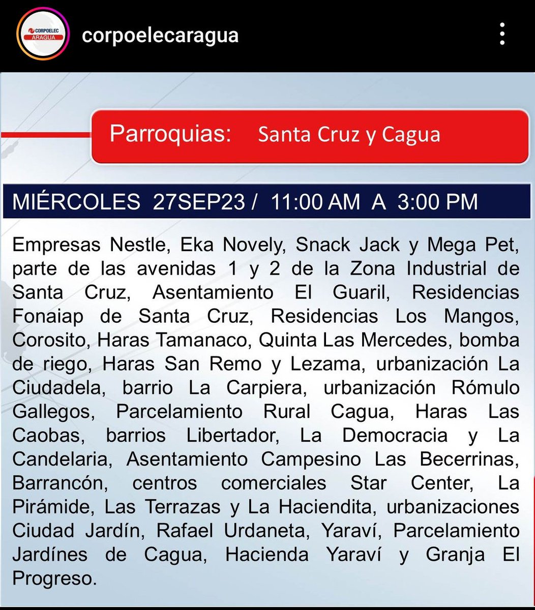 Pieri1509's tweet photo. @NicolasMaduro @NestorLReverol @CorpoelecInfo @CorpoelecAragua Buenas tardes, pese a la programación de racionamiento eléctrico, diariamente el sector de Santa Cruz zona industrial, Corocito, Los Mangos todos los días tenemos cortes. Está es hora que aún no llega el servicio. https://t.co/MV0l3upKNK