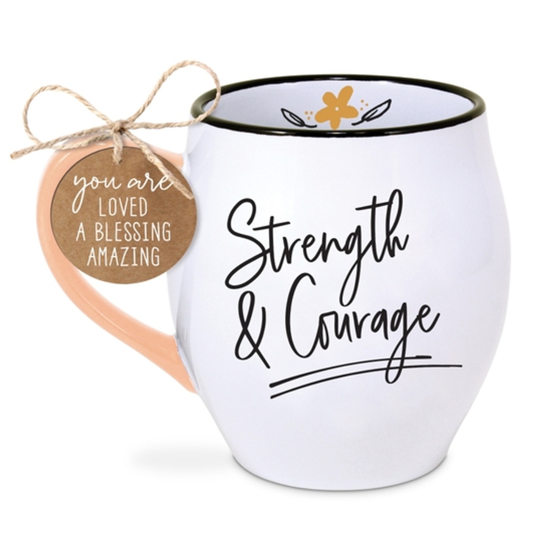 Strength & Courage, are qualities you'll want with your morning brew. On the reverse side is Joshua 1:9. #farmhousespitsandspoons #yummy #delicious #happy #mindfulness #lifestyle #supportlocalbusinesses #friends #family #mug farmhousespitsandspoons.com/strength-coura…