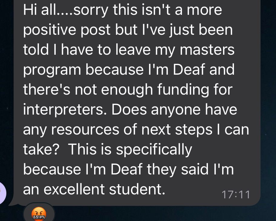 Just when you think @uniofbrighton can't sink any lower... After assuring this deaf international Masters student that their needs can be met, and taking their money, UoB now say that they will have to leave the programme because there's no funding for an interpreter! Just 🤯