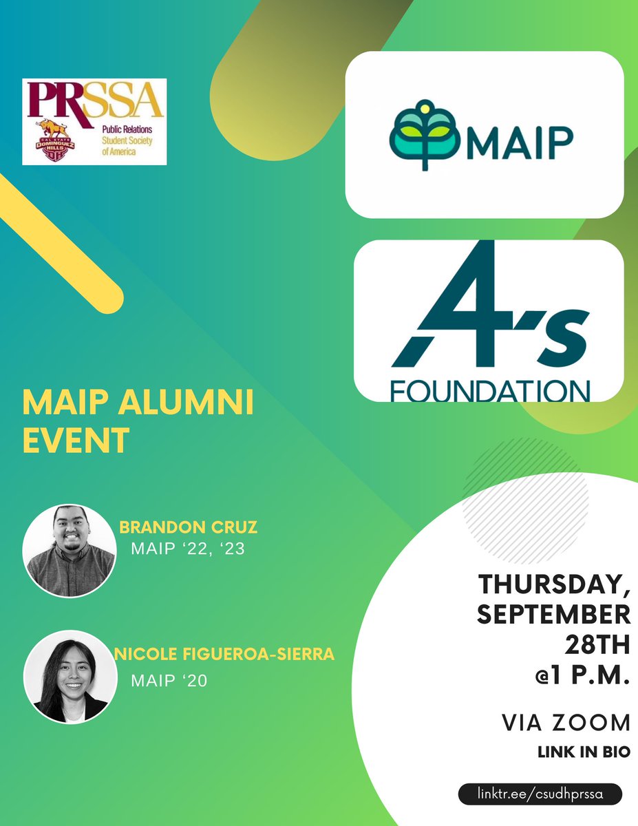 csudhprssa's tweet image. Come and listen to Brandon and Nicole's experience with the MAIP Internship Program. Learn about the companies they worked with such as Walt Disney Studios and Sony Music Entertainment and their pathway of getting there. Check the linktree in our bio to join the meeting!
#CSUDH