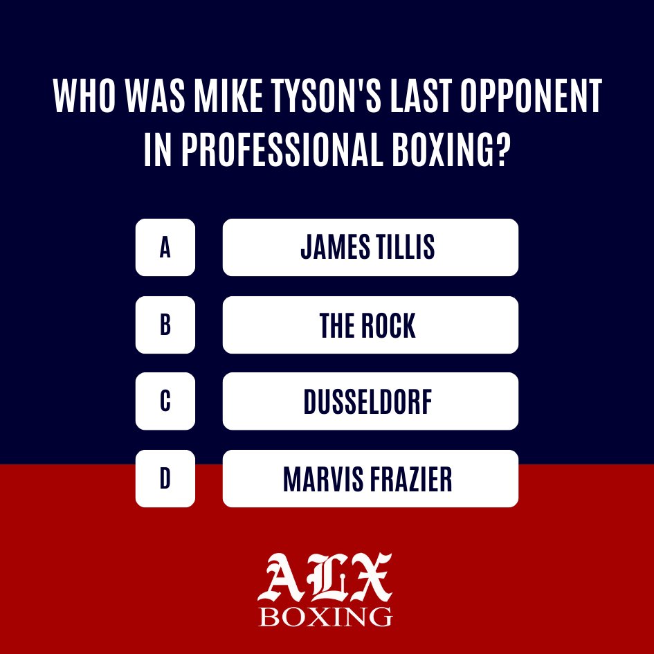 ALXBoxingClub's tweet photo. Boxing Trivia Time! Who was Mike Tyson's last opponent in professional boxing?
Comment your guess below!

Answer:
.
.
.
.
.
.
C. Dusseldorf 
https://t.co/zFgzcu0KaK https://t.co/dcTgm0VMBK
