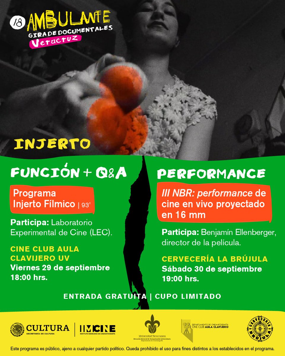 Ambulante's tweet photo. ¡Cine experimental en Xalapa! 🎛️

🗓️ Viernes, 18 hrs.
🎬 Programa Injerto Fílmico
🗣️ Q&amp;A con @LabExpCine
📍 Cineclub Aula Clavijero UV

🗓️ Sábado, 19 hrs.
📽️ NBR: performance de cine en vivo proyectado en 16 mm. 
🗣️ Participa: Benjamin Ellenberger
📍 Cervecería La Brújula https://t.co/jzW8Y7lAYy