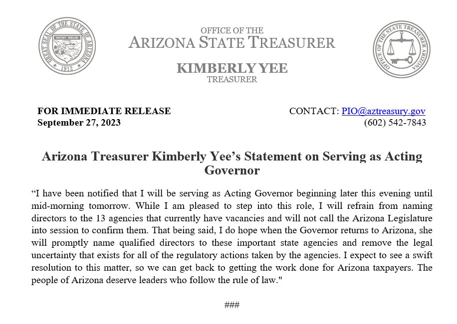 AZTreasurerYee's tweet image. I have been notified that I will be serving as Acting Governor beginning later this evening until mid-morning tomorrow. Read my full statement below.