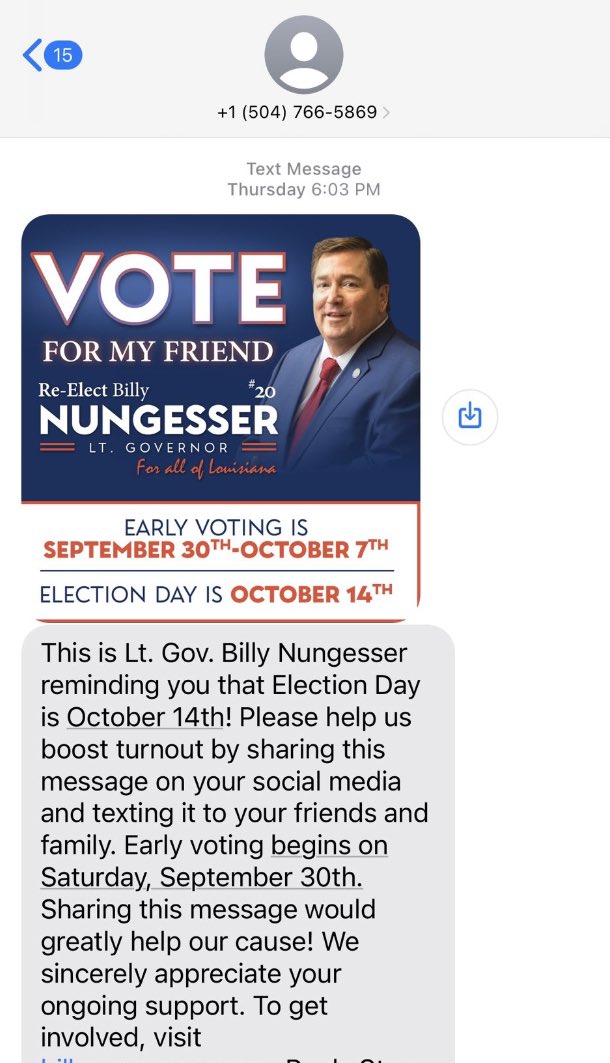 dadioonthepatio's tweet photo. So two more political spam messages. The first a creepy picture of Mandy’s front yard and an attempt to paint her as a Republican and the second is a get out the vote message from Lt Gov Nungesser’s campaign. One weird thing that struck me was they had the same phone number. https://t.co/8DrH9MAoGN
