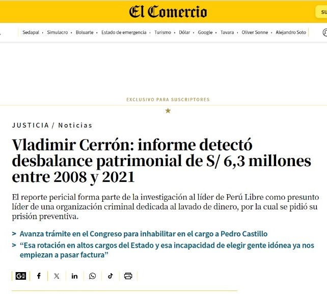 vladimir_cerron's tweet photo. Disposición Fiscal N° 4 me incorporó en investigación de lavado de activos por desbalance patrimonial de S/. 6'387,070.42 según su peritaje. Inmediatamente la SUNAT realizó una auditoría y fiscalización definitiva, demostrando que el monto y el desbalance son inexistentes. La Fiscalía como la SUNAT tuvieron a la vista la misma documentación requerida a las entidades bancarias. Con esa falacia solicitaron prisión preventiva por 3 años con gran despliegue mediático, confirmando la persecución política.