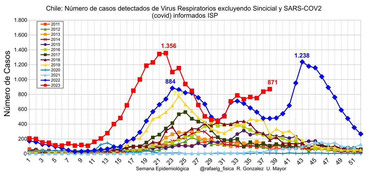 rafaelg_fisica's tweet photo. Chile        
Circulación virus respiratorios 
Semana 38: al 23 de sep  
Excluyendo SARS-COV2 y VRS estamos cerrando el peor septiembre desde 2011. Y es la 2da peor semana desde 2011 incluso comparando con inviernos

cuídese 

Metapneumovirus, Parinfluenza (récord), adenovirus https://t.co/WwuQE1mEnj