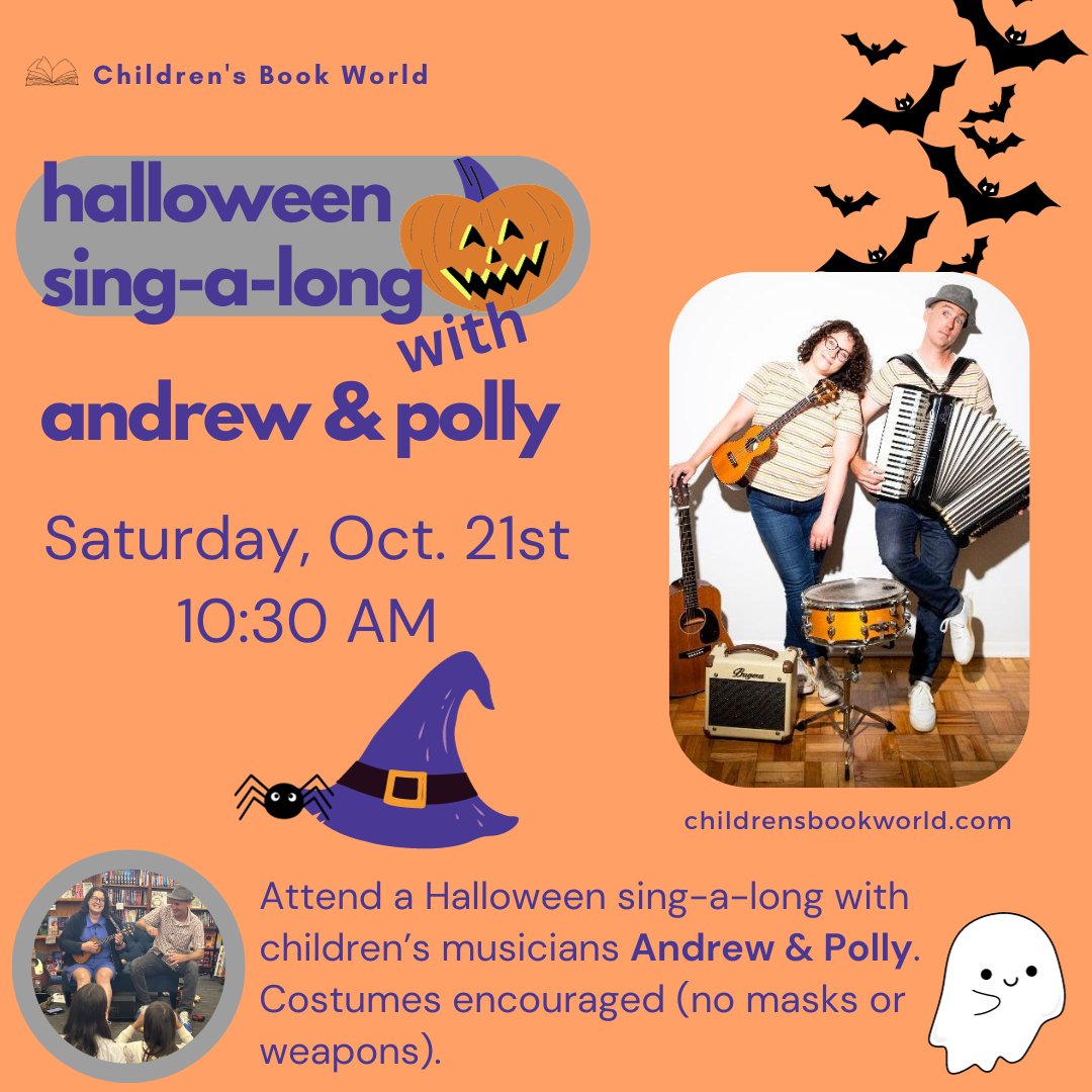 THIS Saturday (October 21) at 10:30 AM, @andrewypolly return for a FREE Halloween sing-a-long. Costumes are encouraged (but leave the masks and weapons at home, please)! 🦇 ⁠ Learn more at childrensbookworld.com/event/andrew-p…!