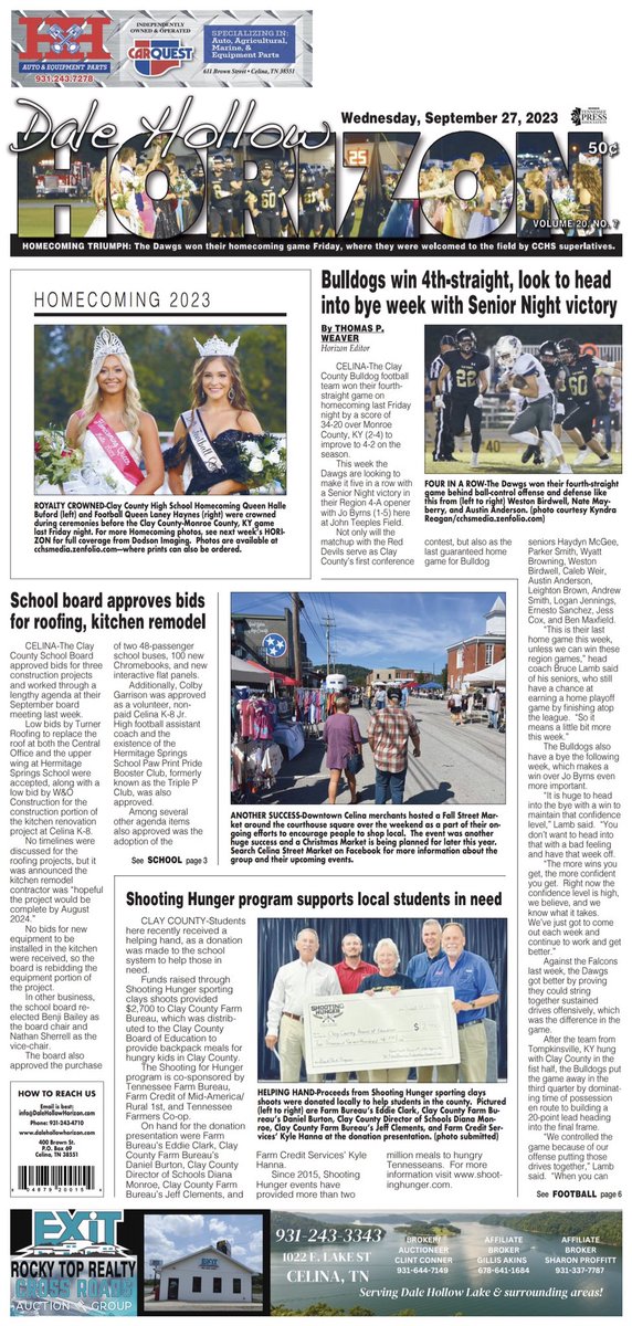 For coverage of all things Clay County, pick up this week’s Dale Hollow Horizon.

The Dawgs look to head into their bye week with a Senior Night win, the school board moves forward with projects, homecoming royalty graces the front page, &amp; much more can be found inside this week!