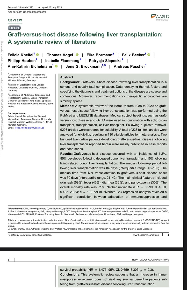 Elliot Tapper (@ebtapper) on Twitter photo Graft versus host after liver transplant: incidence, risk factors, outcomes
Two papers in <a href="/HepCommJournal/">Hepatology Communications</a>
1. National US study 2010-2020 journals.lww.com/hepcomm/fullte…
2. Systematic review: journals.lww.com/hepcomm/fullte…
#livertwitter #medtwitter Graft versus host after liver transplant: incidence, risk factors, outcomes
Two papers in <a href="/HepCommJournal/">Hepatology Communications</a>
1. National US study 2010-2020 journals.lww.com/hepcomm/fullte…
2. Systematic review: journals.lww.com/hepcomm/fullte…
#livertwitter #medtwitter