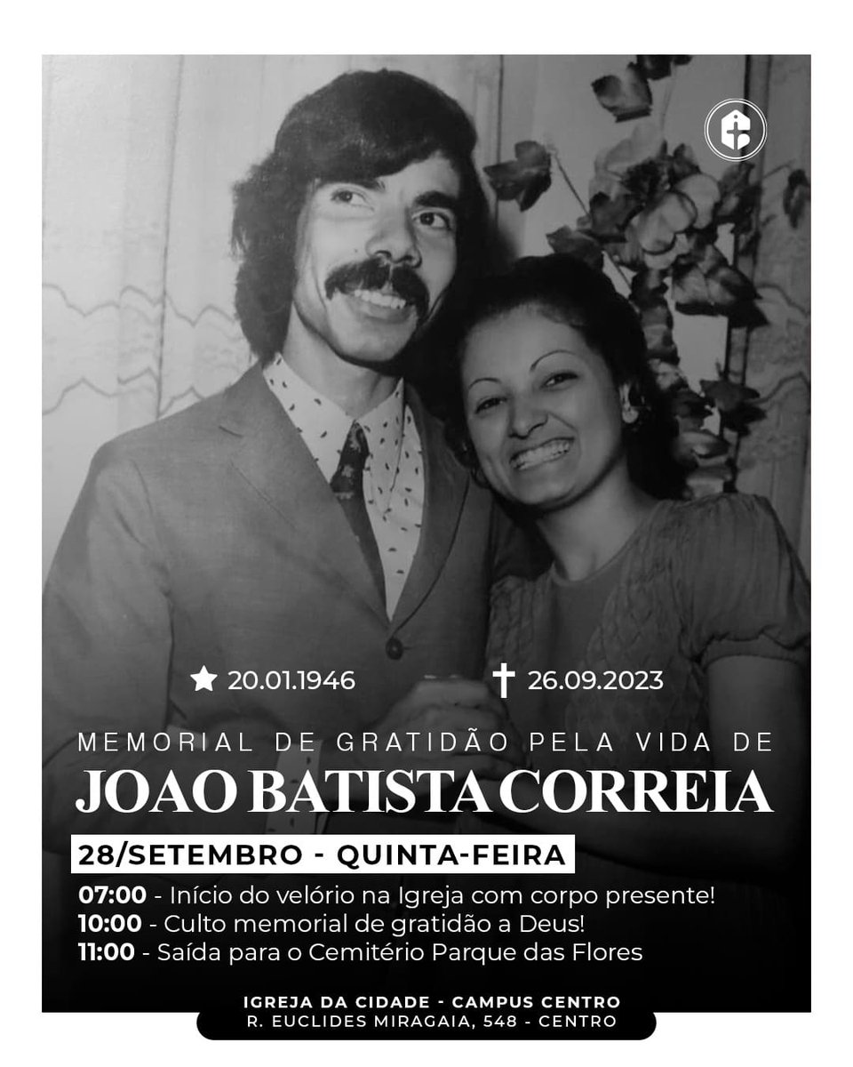 Prof_AndersonC's tweet image. Com pesar, lamento o falecimento de meu querido Pai, João Batista de Brito Correia, aos 77 anos de idade.

Para homenagear seu legado, vamos fazer um culto memorial amanhã (Quinta-feira, 28 de Setembro de 2023, às 10h), na Igreja da Cidade de São José dos Campos, Câmpus Centro.