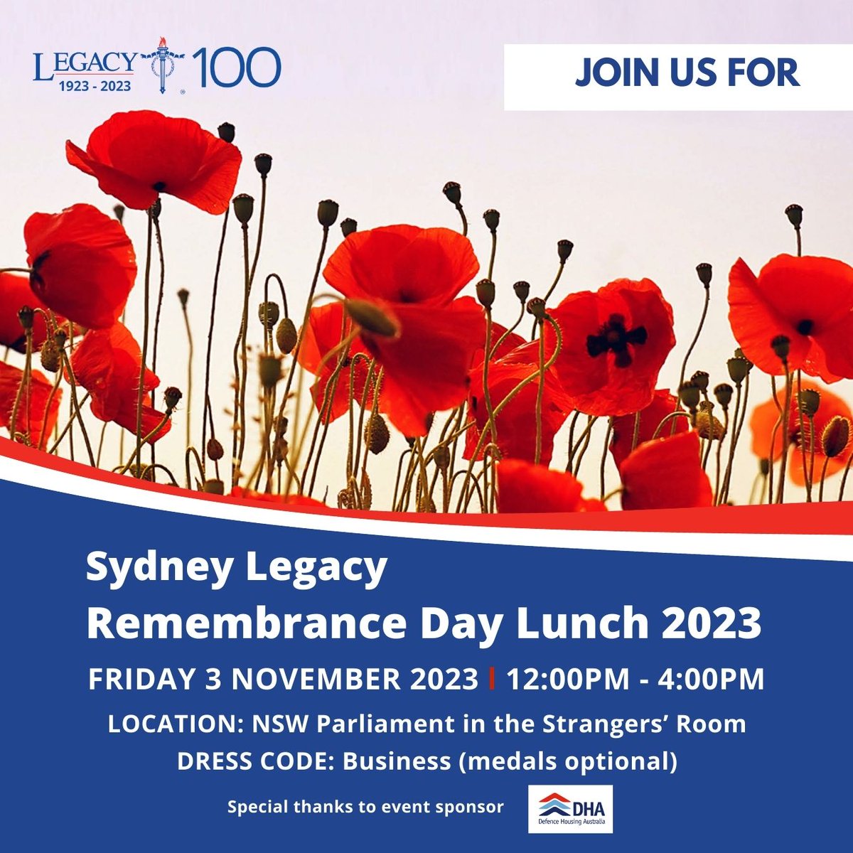 Join us for the Sydney Legacy Remembrance Day Lunch on Fri 3 Nov 2023. Your presence at this Remembrance Day Lunch is a powerful way to show your support for our veterans and their families. Buy tickets at: ow.ly/jMnA50PP0GE #RemebranceDay #RemembranceDayLunch